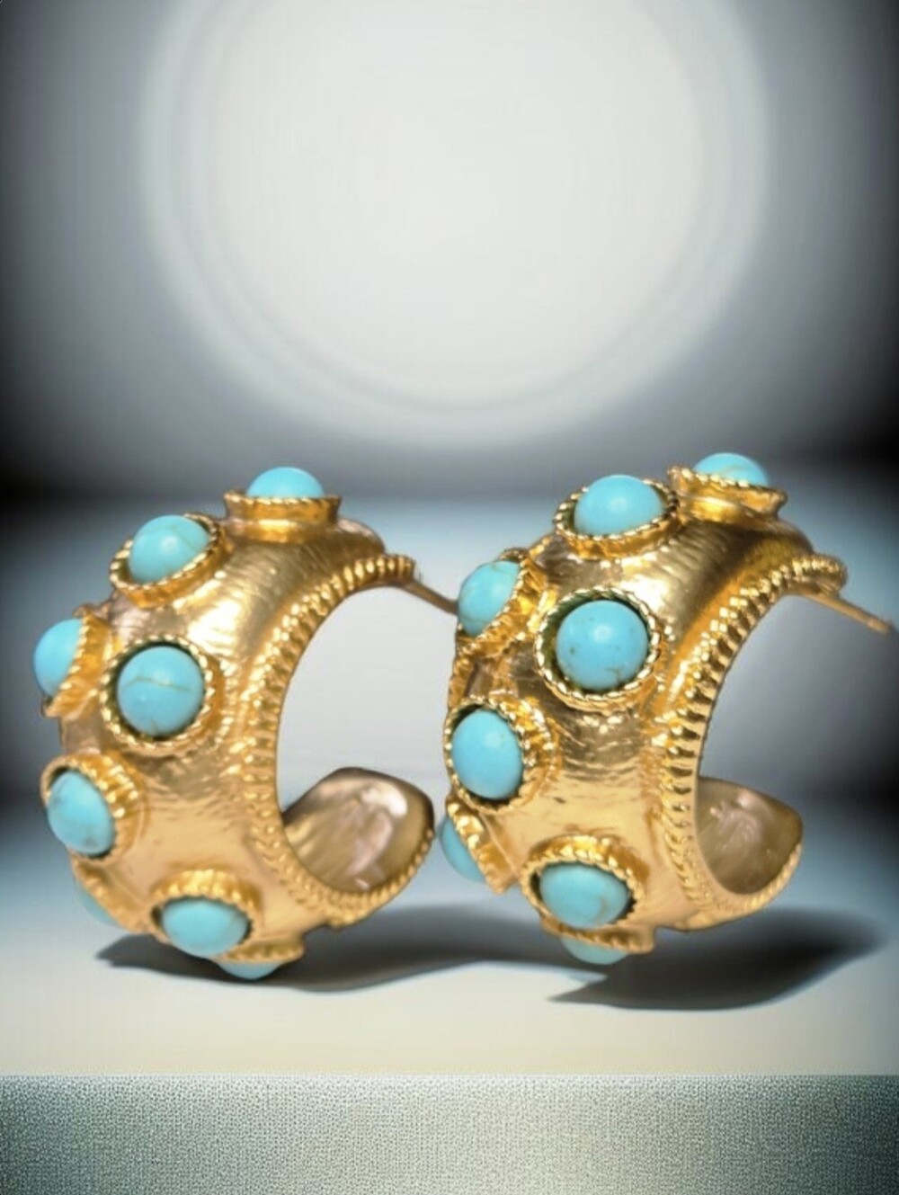 Chunky Oversized Matte Gold Byzantine Turquoise Cabochon Hoop Earrings